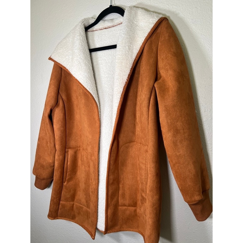 Faux Suede Sherpa Lined Open Front Jacket Size M Cognac Brown Cozy Cabincore - Picture 9 of 12
